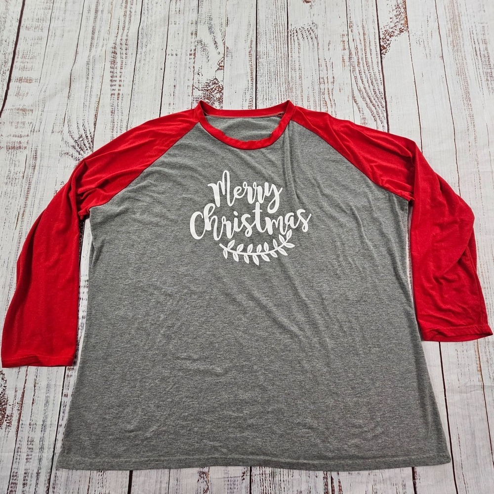 Merry‎ Christmas Gray Colorblock 3/4 Sleeve Cotton Blend T-Shirt Women's 4XL